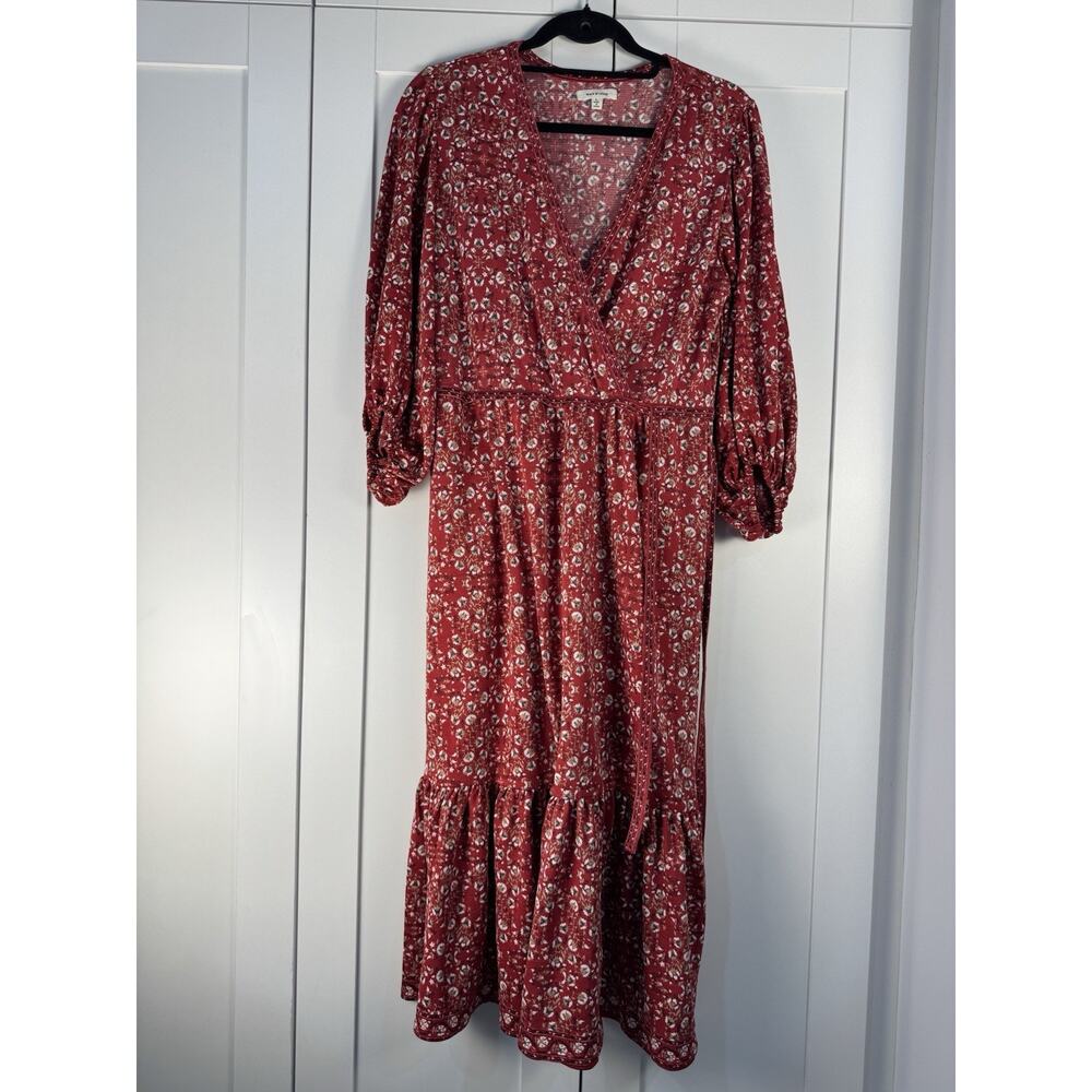 Max Studio Floral Wrap Midi Dress Women L Red Boho Cottagecore 3/4 Sleeve Flowy